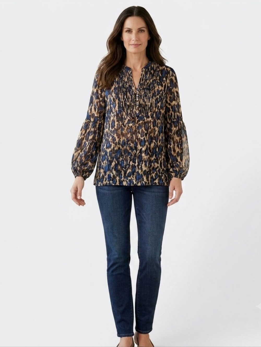 Chico's Size 1 US Small/4 Brown Blue Leopard Print Chiffon Blouse Long Sleeve